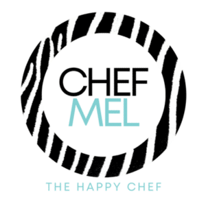 Logo with a zebra-patterned circle surrounding the text "CHEF MEL" in black and light blue, with "THE HAPPY CHEF" written underneath.