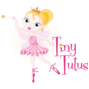 Image of a cartoon fairy ballerina in a pink tutu holding a wand with "Tiny Tutus" written in pink beside her.