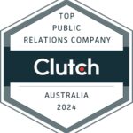 Hexagon-shaped award badge reading "top public relations company clutch australia 2024," featuring a minimalistic design with a black and gray color scheme.