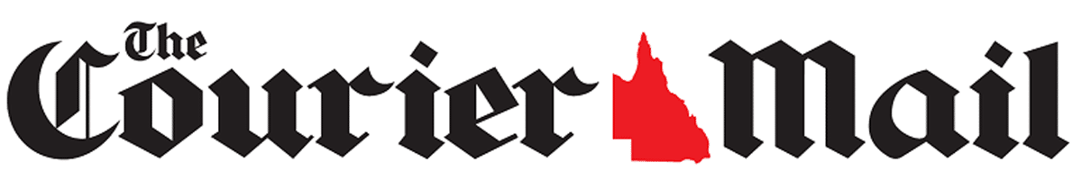 Logo of 'The Courier Mail' newspaper with the name in black Gothic script and a red silhouette of Queensland, Australia.