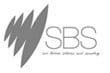 A grayscale logo featuring four abstract, curved shapes alongside the text "SBS" with the tagline "six billion stories and counting.