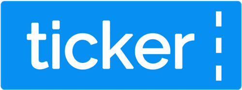 Blue logo with the word "ticker" written in white lowercase letters, followed by a vertical white dotted line.
