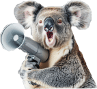 A koala holding a gray megaphone with an open mouth, appearing as if it is shouting through the device.