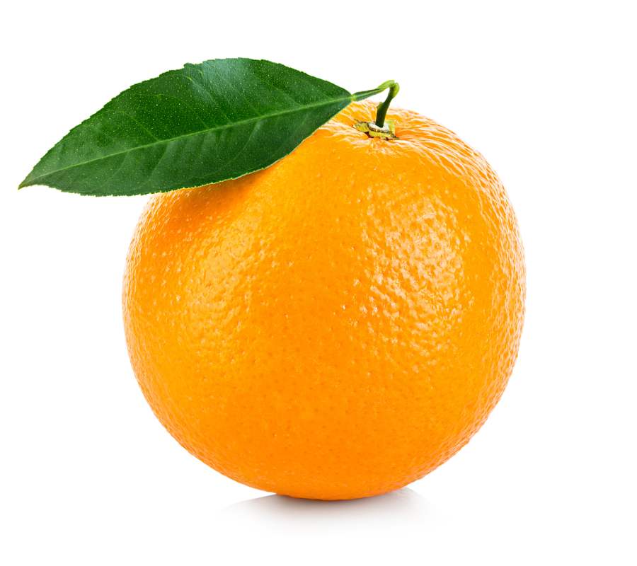 A single orange with a green leaf attached, displayed against a plain white background.