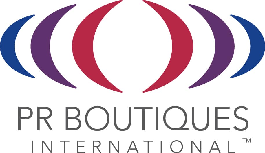 PR Boutiques International logo featuring red and purple curved shapes above the text.