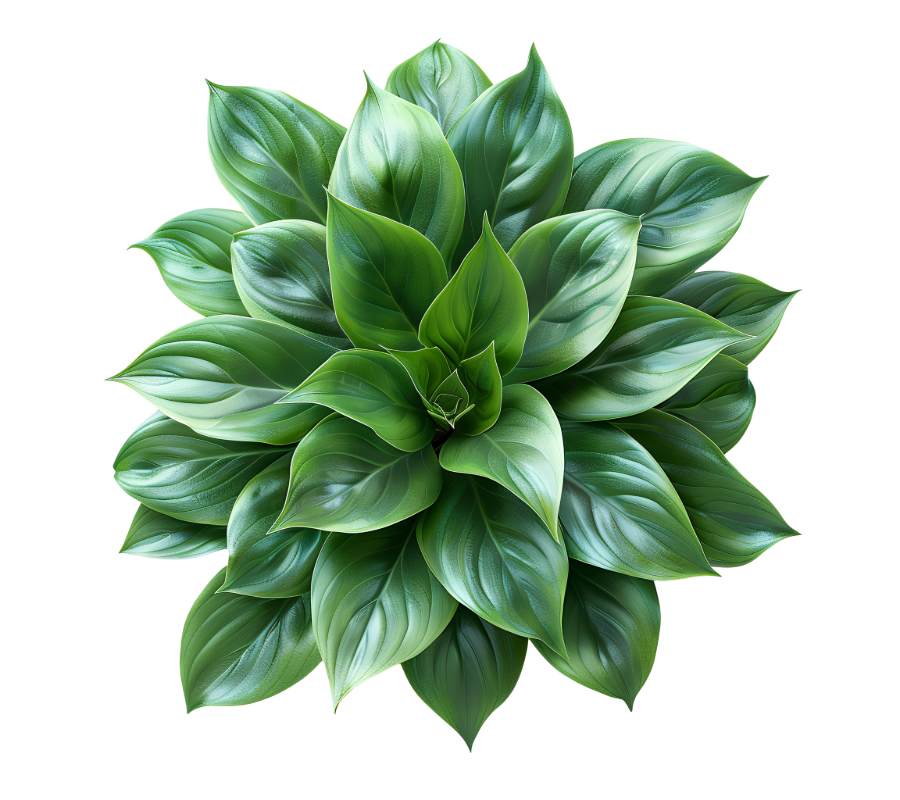 Close-up of a lush green plant with layered leaves, displayed against a white background.