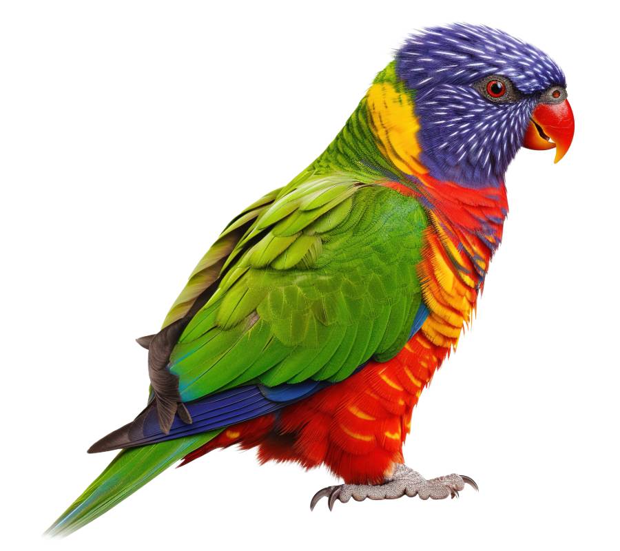 The image shows a colorful parrot with vibrant green, blue, yellow, red, and orange feathers, perched on a white background.