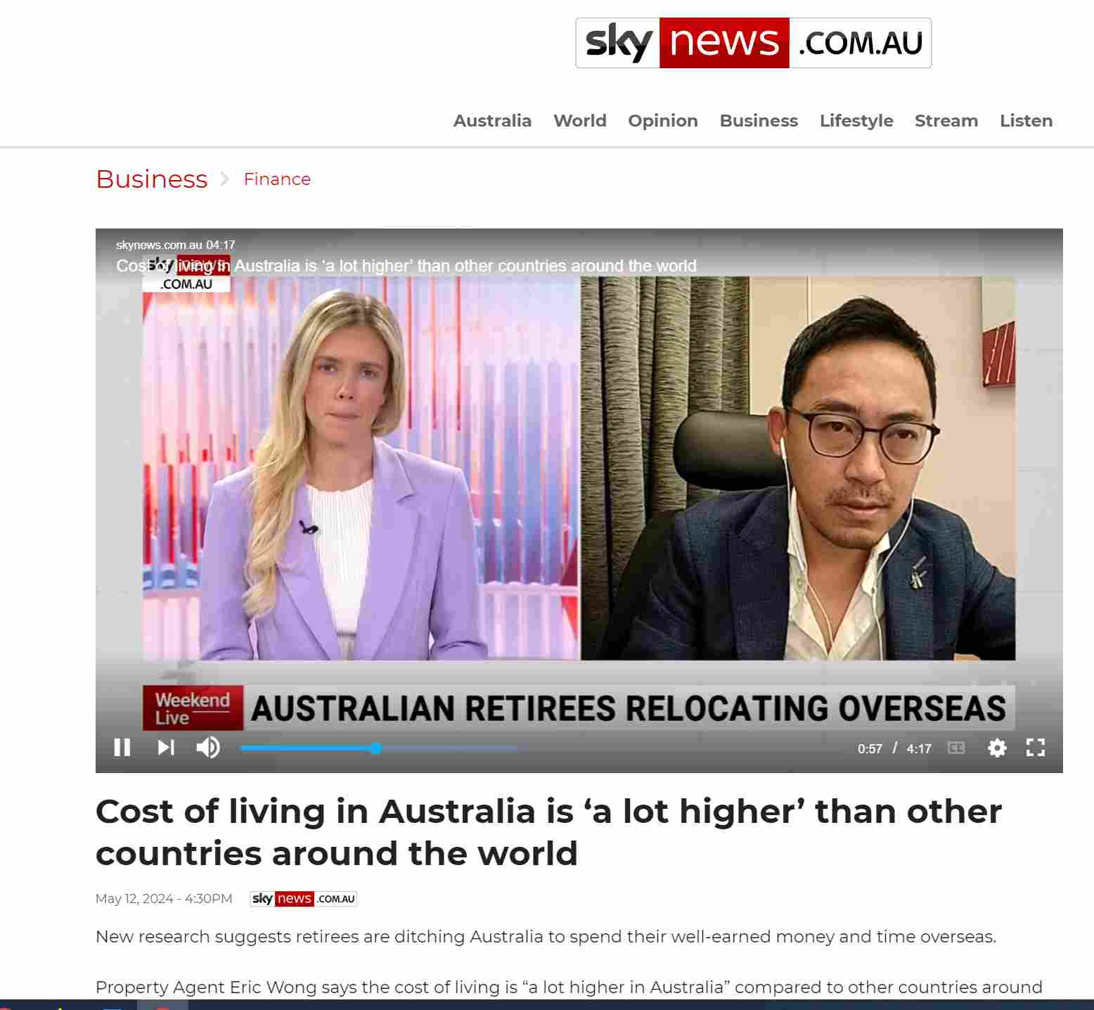 A Sky News AU broadcast shows a man and a woman discussing Australian retirees relocating overseas due to high living costs. The headline below reads: 