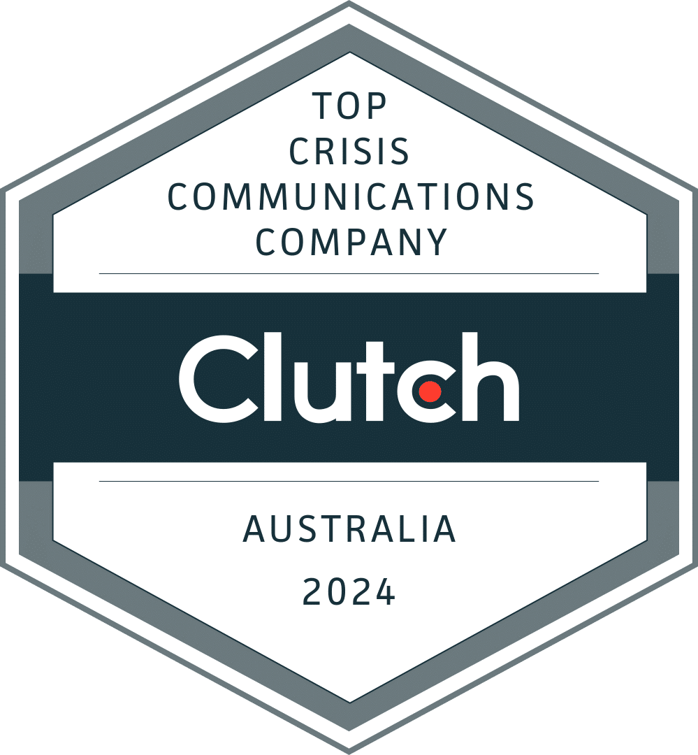 Hexagonal badge featuring the text "Top Crisis Communications Company - Clutch - Australia 2024".