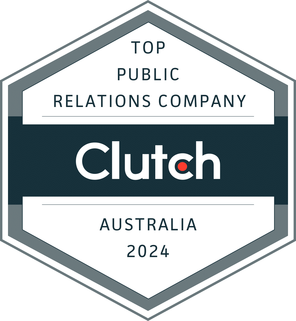 Hexagonal badge displaying "Top Public Relations Company: Clutch, Australia 2024" in a professional and minimalist design.
