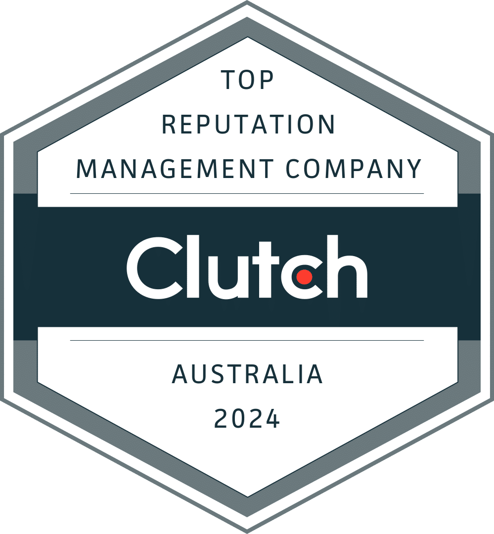 Hexagonal badge with the text "Top Reputation Management Company, Clutch, Australia, 2024" displayed within multiple borders.