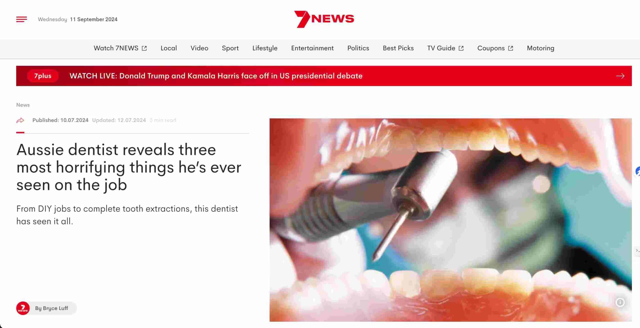 Close-up image showing a dental procedure in progress. The website 7NEWS displays an article titled 