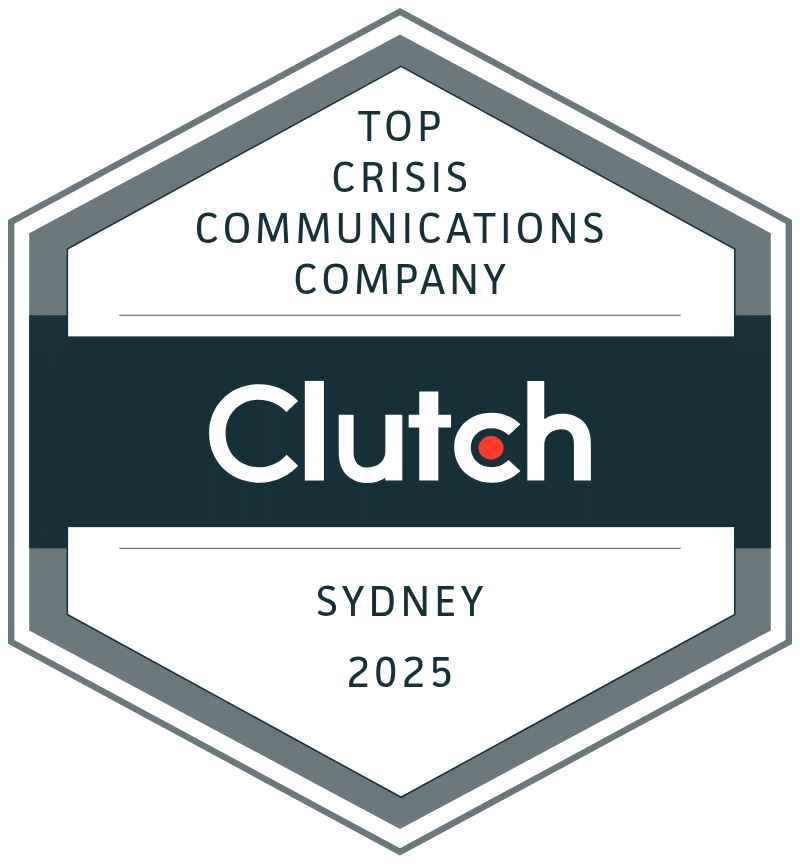 Hexagonal badge displaying "Top Crisis Communications Company, Clutch, Sydney, 2025" in black and grey text on a white and dark background.