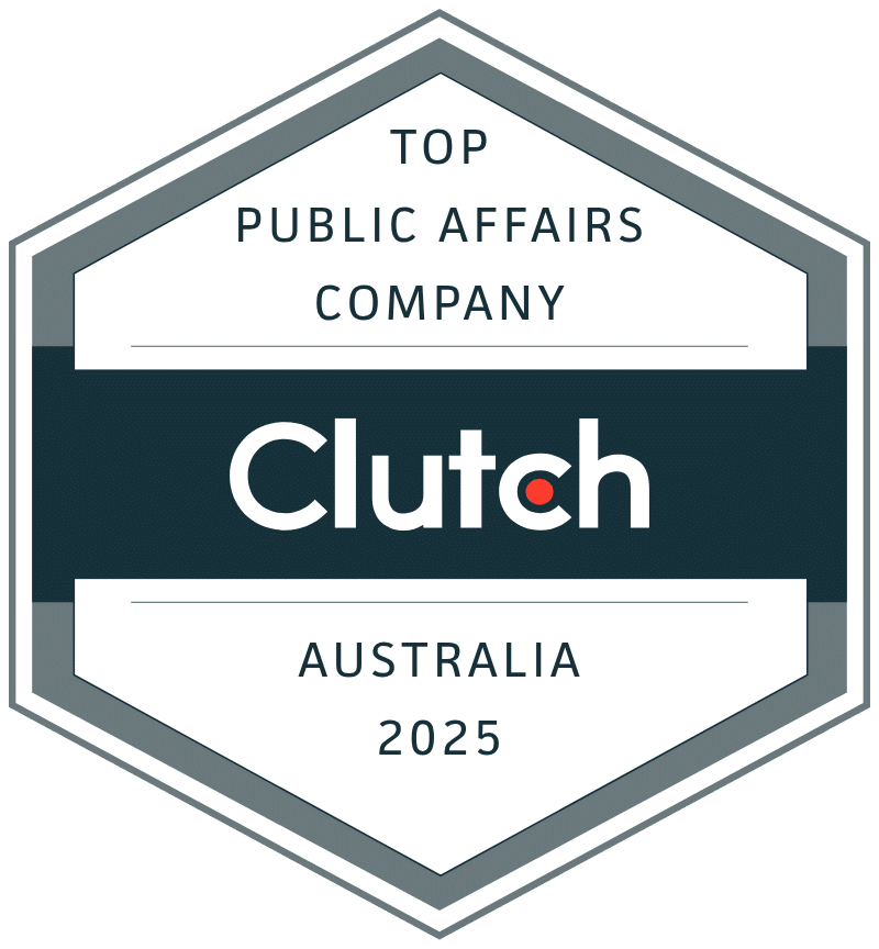 A hexagonal badge with the text "Top Public Affairs Company, Clutch, Australia 2025" displayed in black and grey on a white background.