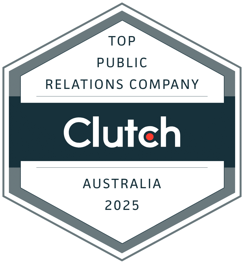 Hexagonal badge reads "Top Public Relations Company Clutch Australia 2025" with a dark band across the center featuring the Clutch logo.