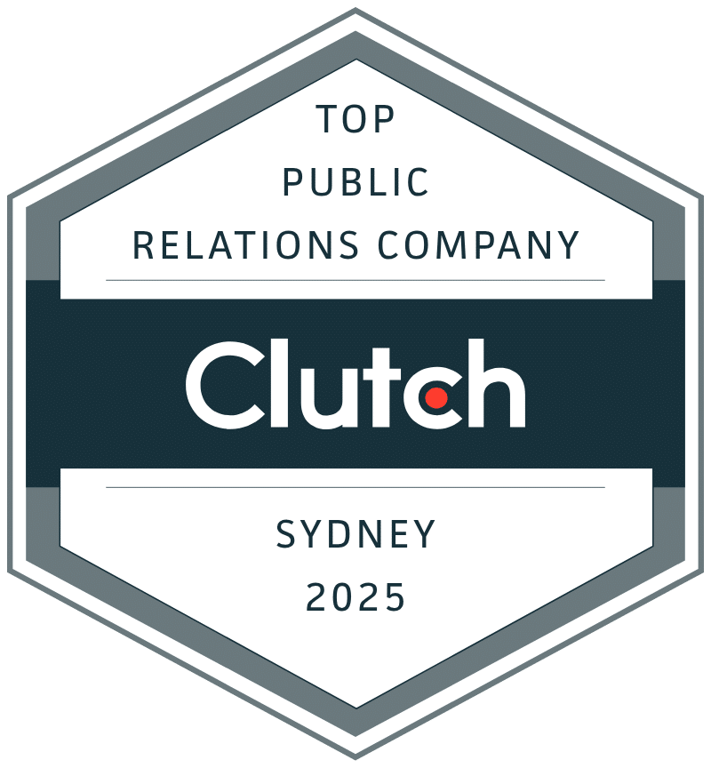 Hexagonal badge with the text: "Top Public Relations Company, Clutch, Sydney 2025" in black and gray on a white background.